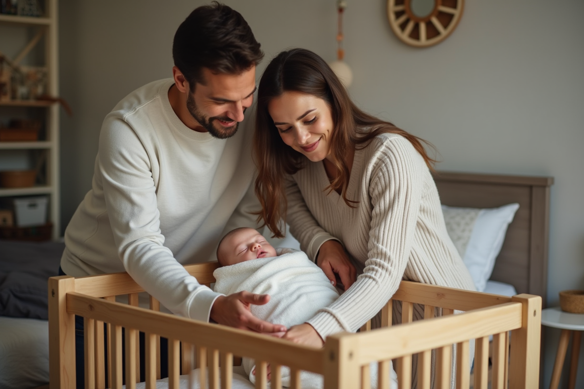 Parents déposant leur bébé dans le lit
