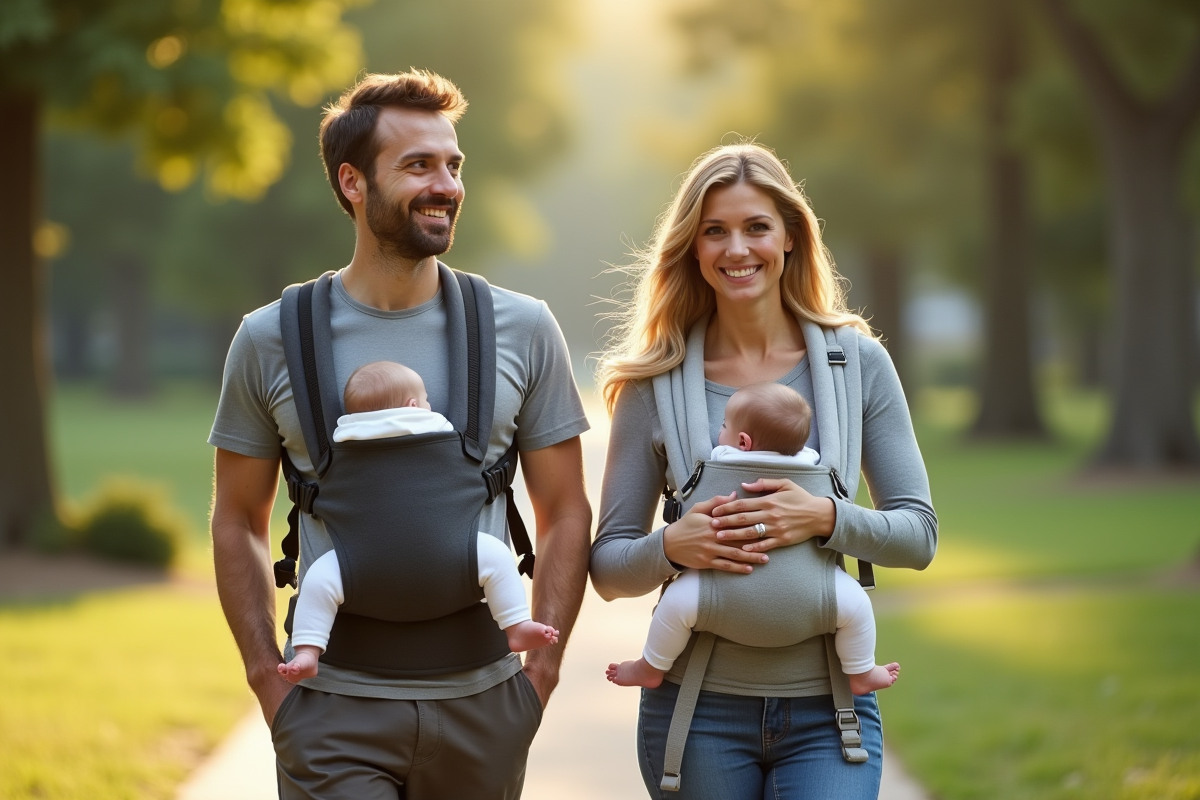 Parents avec porte-bebe en extérieur dans un parc verdoyant