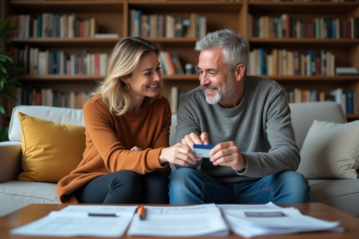 Femme et homme échangent une carte bancaire dans un salon chaleureux