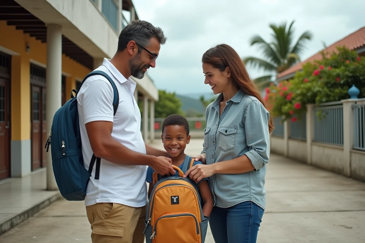 Parents en garde alternée effectuant une passation sereine de leur enfant devant une école à La Réunion pendant les vacances scolaires