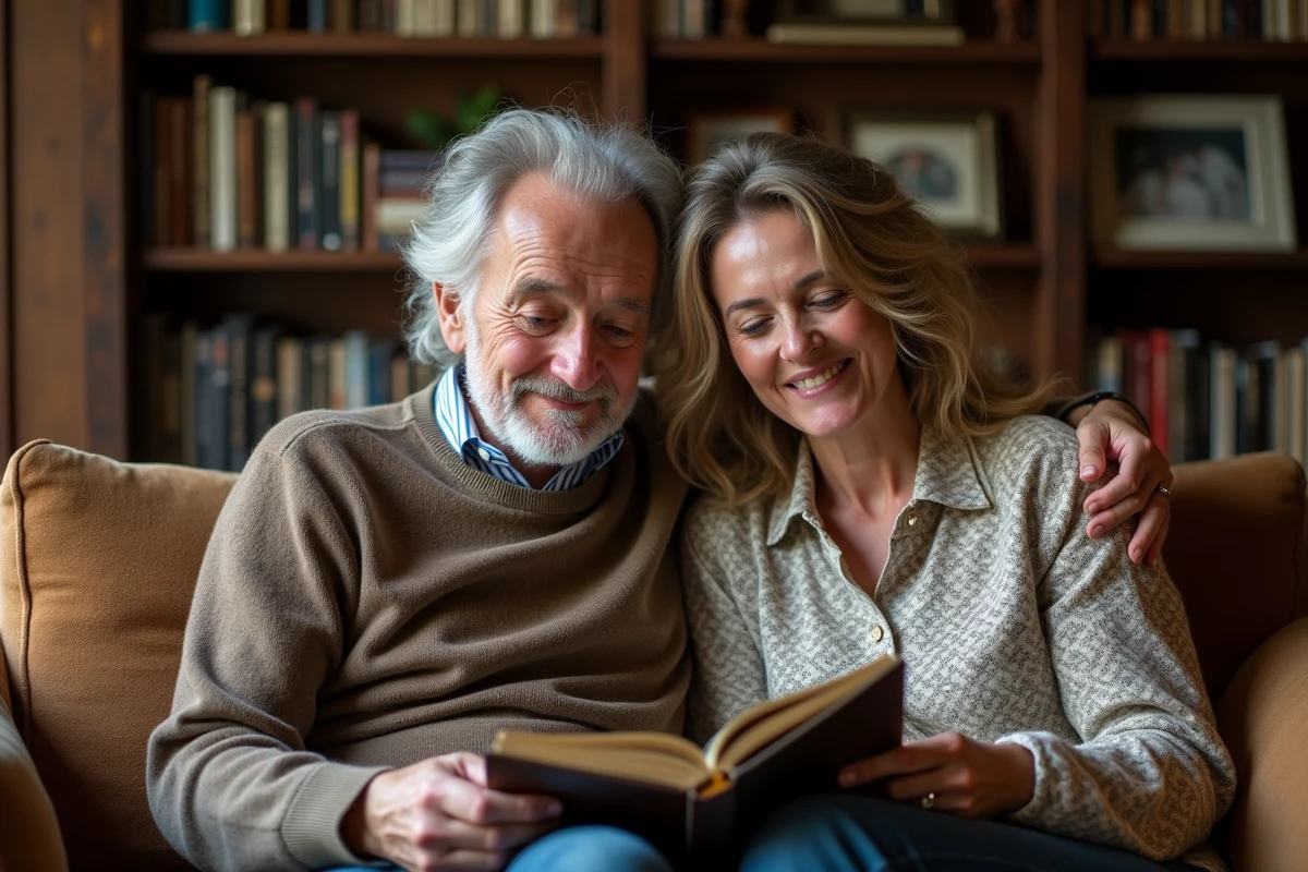 Paul et Natacha Gainsbourg sourient avec un album photo