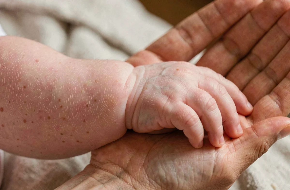 Gros plan sur la peau claire et translucide d'un nouveau-né roux tenu par un adulte, surveillance dermatologique phototype clair