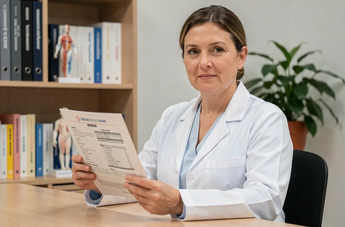 Pédiatre professionnelle tenant une fiche d'information sur les produits Yamonbebe lors d'une consultation médicale