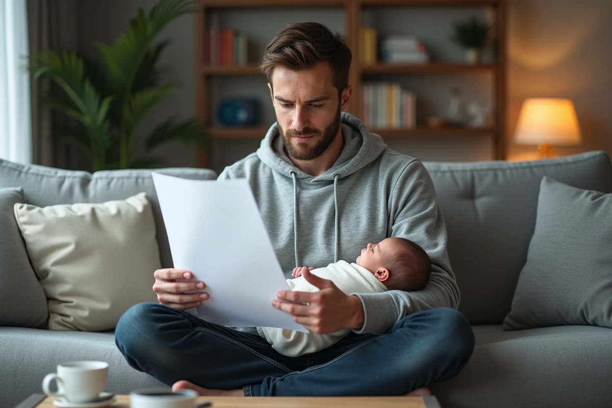 Père en congé parental lisant un document administratif de renouvellement avec son nouveau-né endormi sur lui