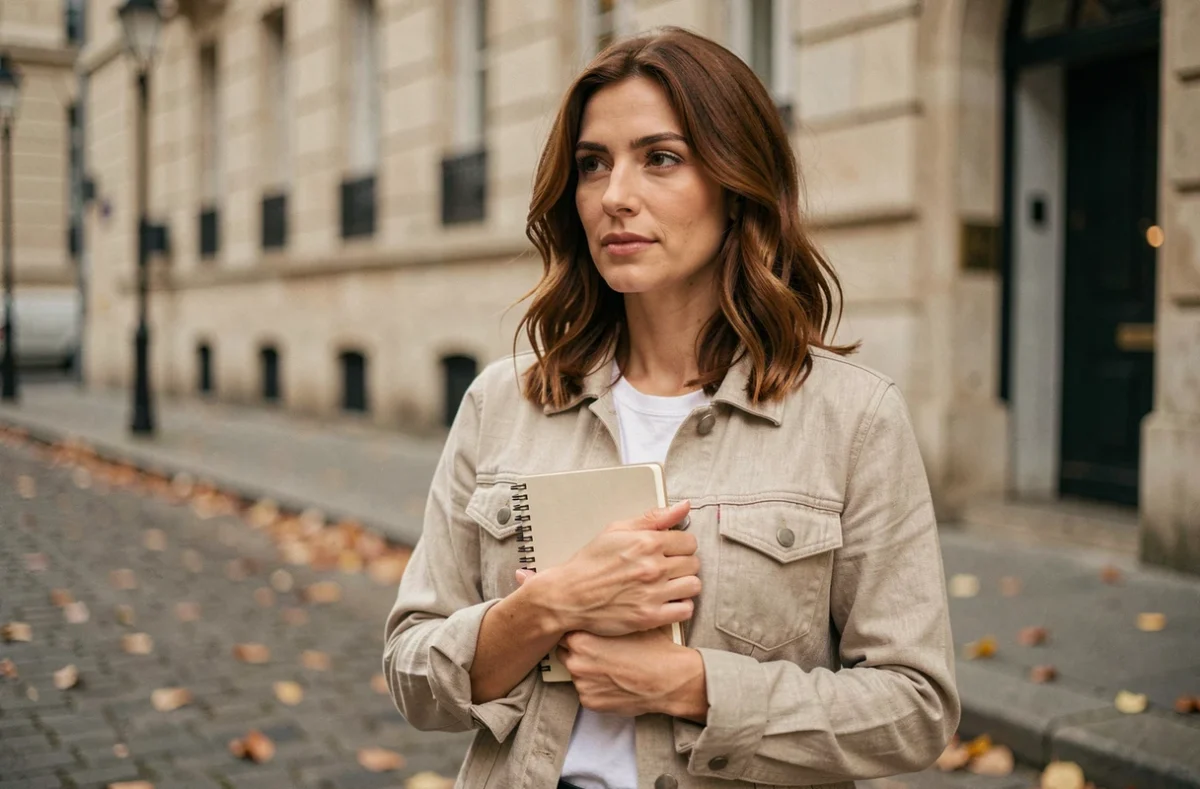 Femme élégante dans une rue parisienne tenant un carnet, symbolisant la discrétion d'une personnalité publique sur sa vie de famille