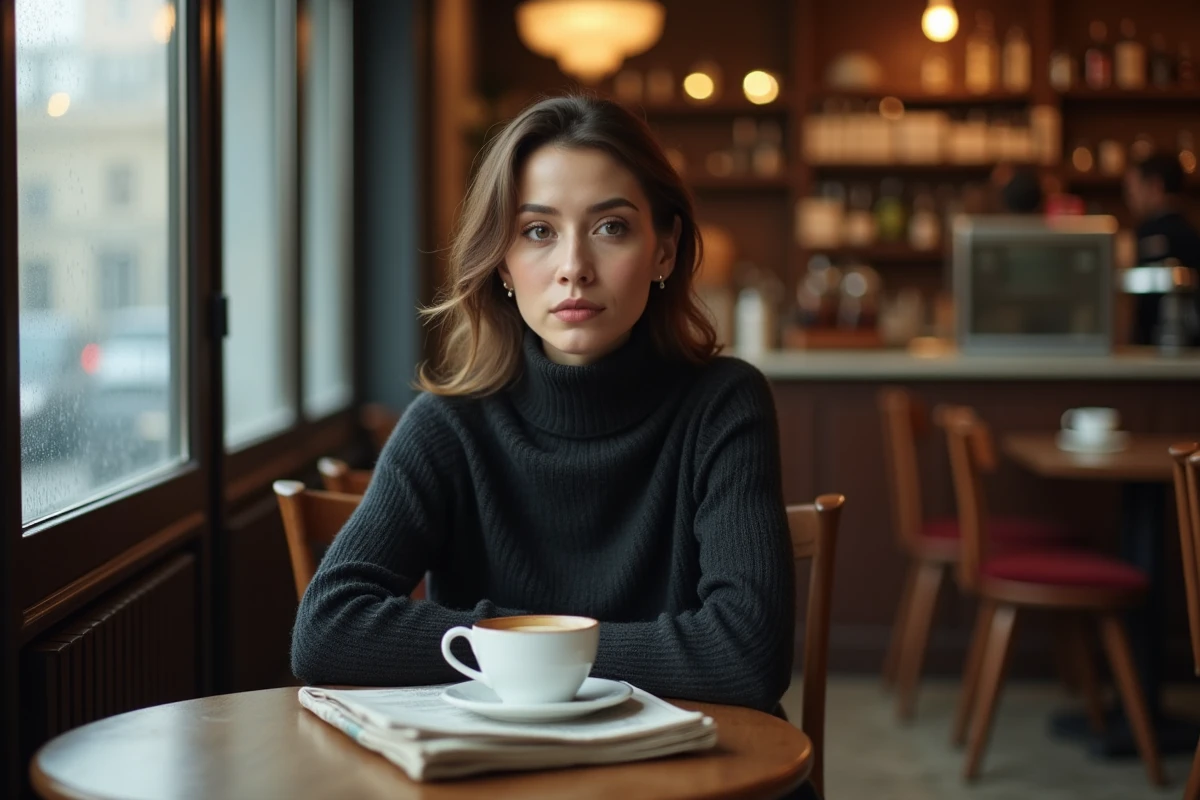 Portrait intime d'une personnalité médiatique française dans un café parisien, évoquant la fragilité de la vie privée face à la notoriété
