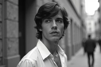Portrait vintage noir et blanc d'un chanteur des années 1970 évoquant Mike Brant, regard mélancolique et chemise blanche col ouvert