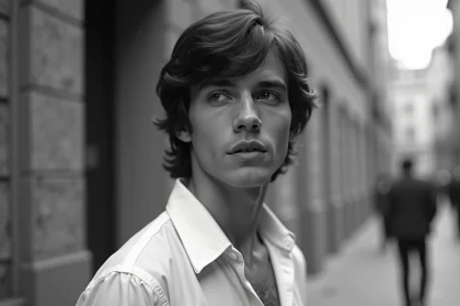 Portrait vintage noir et blanc d'un chanteur des années 1970 évoquant Mike Brant, regard mélancolique et chemise blanche col ouvert