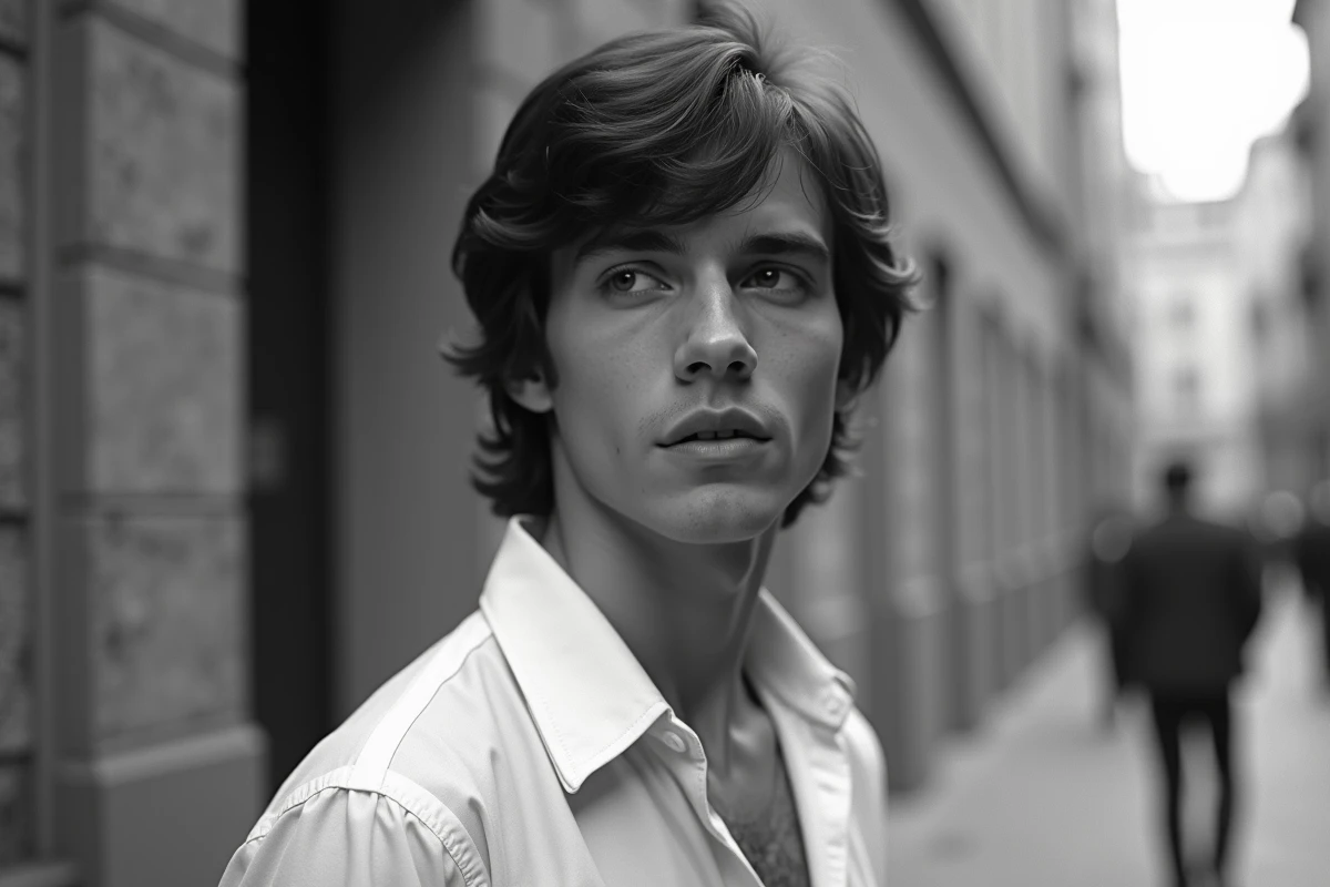 Portrait vintage noir et blanc d'un chanteur des années 1970 évoquant Mike Brant, regard mélancolique et chemise blanche col ouvert