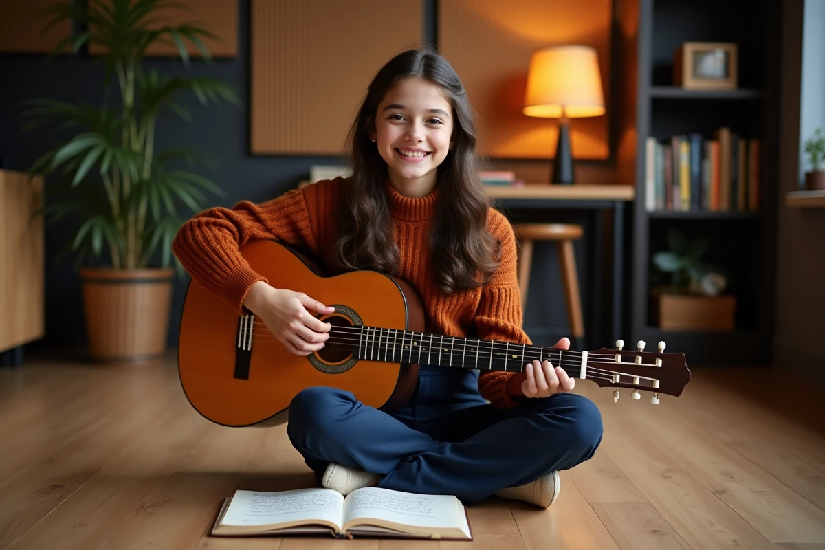 Adolescente jouant de la guitare classique dans un studio de musique avec des notes en grec, symbolisant l'identité musicale des prénoms grecs féminins
