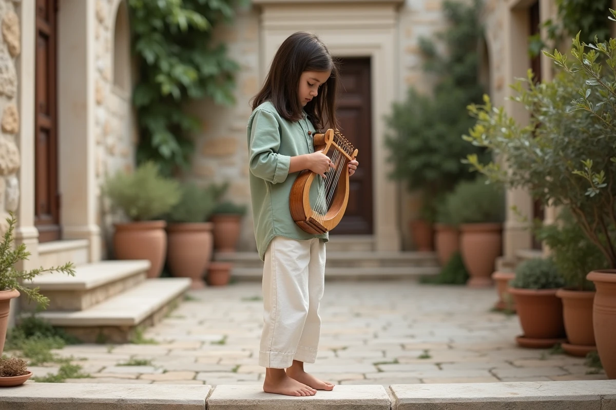 Fillette tenant une lyre en bois dans une cour de style grec antique, illustrant l'univers musical et culturel des prénoms grecs féminins