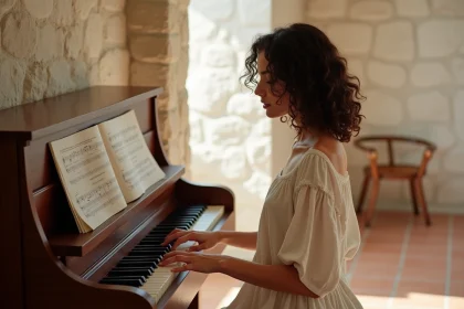 Jeune femme aux cheveux bouclés jouant du piano dans une pièce méditerranéenne aux murs blancs, évoquant les prénoms grecs féminins musicaux