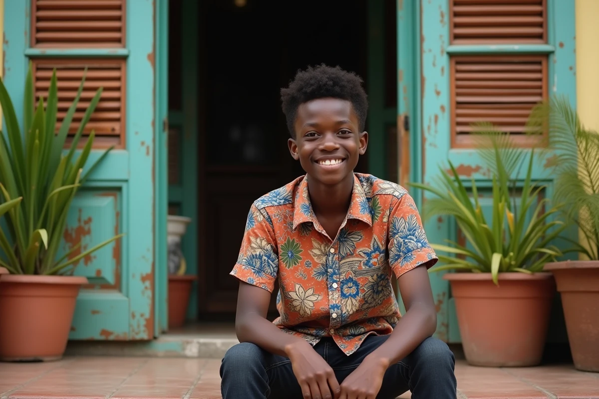 Adolescent martiniquais posant devant une maison créole colorée, évoquant l'identité culturelle des prénoms martiniquais pour garçon