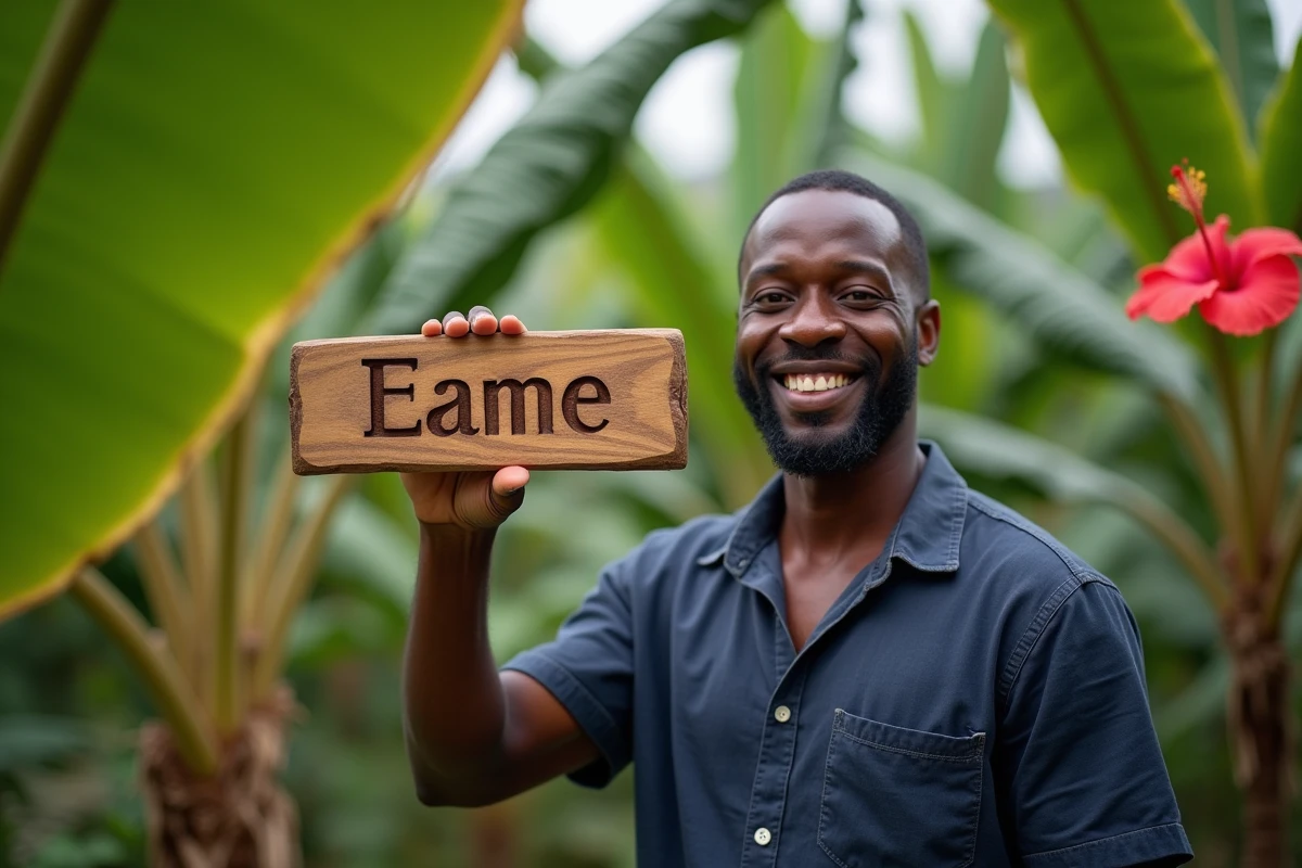 Père martiniquais tenant un panneau en bois gravé d'un prénom antillais, symbolisant la tradition des prénoms rares et culturels en Martinique