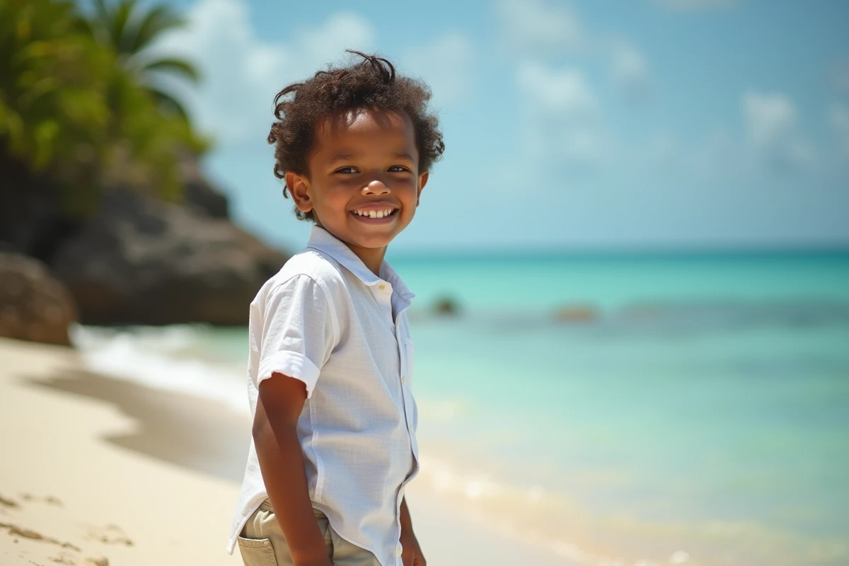 Jeune garçon martiniquais souriant sur une plage tropicale, illustrant les prénoms rares et caractériels des garçons de Martinique