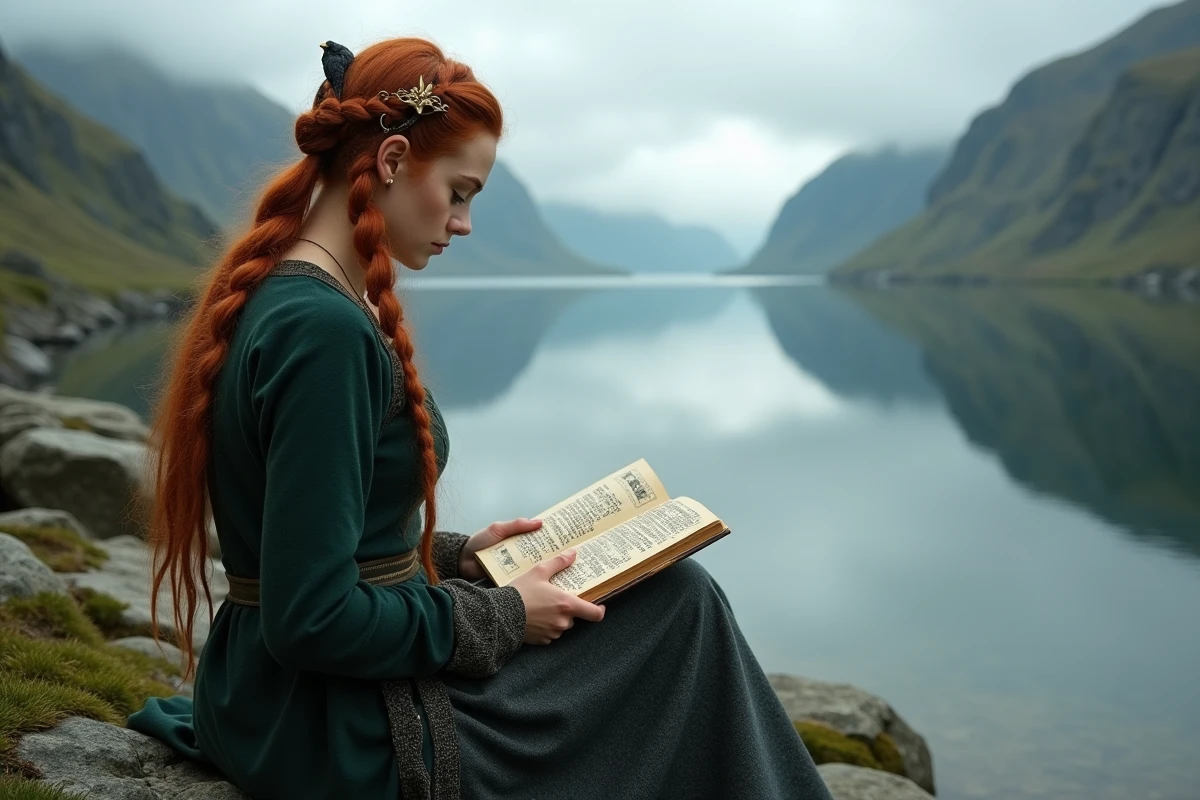 Jeune femme rousse en tenue nordique médiévale lisant un livre de runes viking au bord d'un fjord brumeux