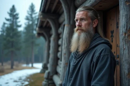Homme nordique aux tatouages runiques devant une église en bois viking sous la neige, évoquant la mythologie scandinave