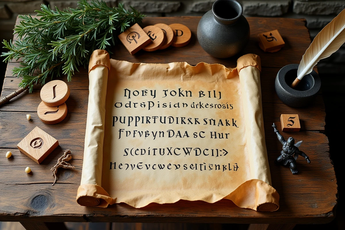 Flat-lay de runes vikings sculptées en bois, parchemin avec noms de dieux nordiques et figurine en fer sur table en chêne