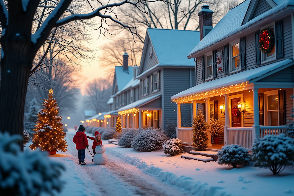 Quartier enneigé avec maisons décorées et enfants construisant un bonhomme de neige