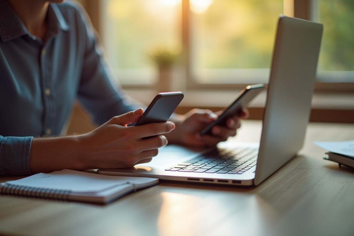 Mains utilisant ordinateur et téléphone pour recherche généalogique