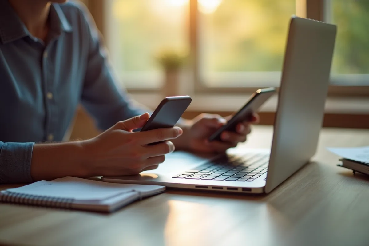 Mains utilisant ordinateur et téléphone pour recherche généalogique