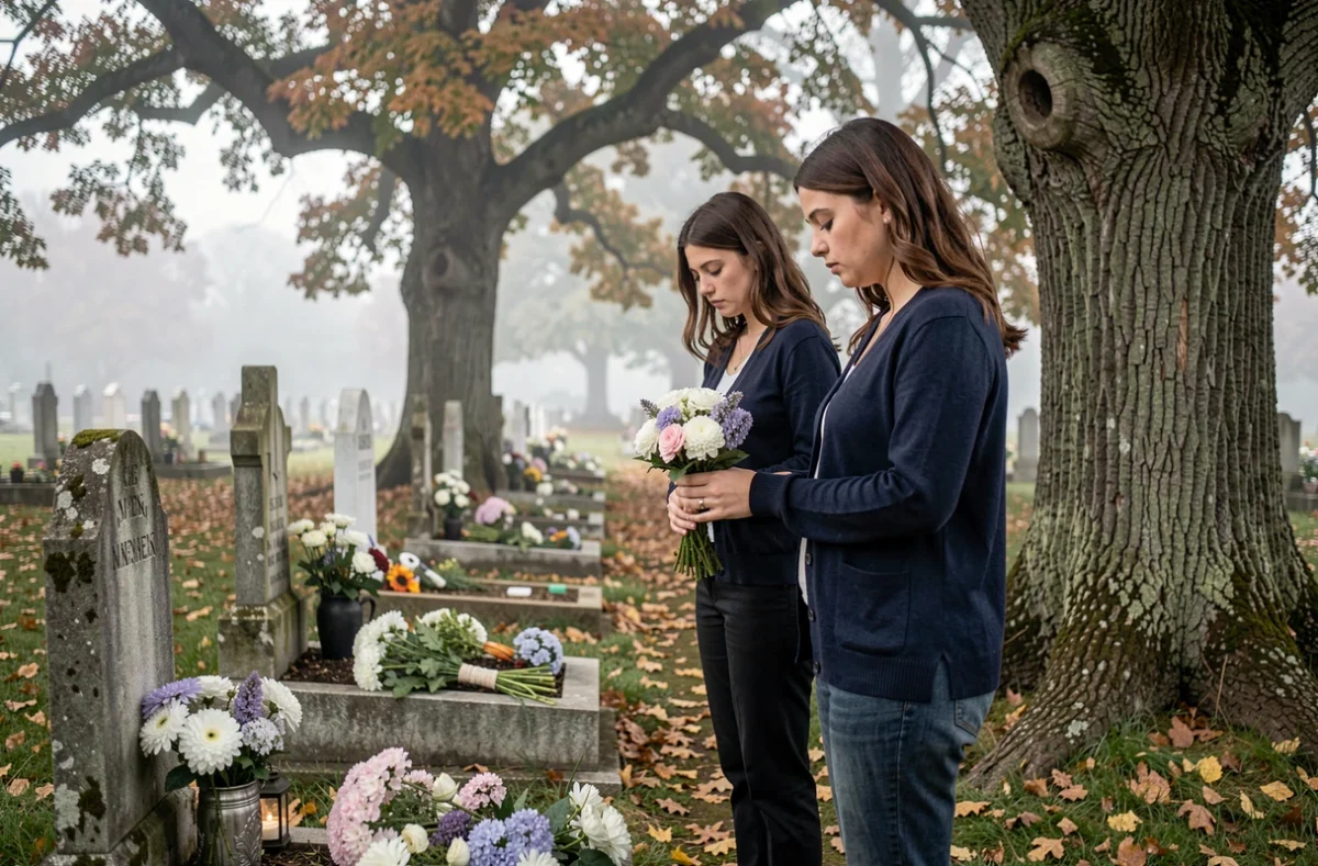 Jeune femme déposant des fleurs sur la tombe de sa tante lors d'un moment de recueillement dans un cimetière en automne