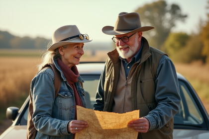 Femme âgée et homme explorant une carte ancienne en plein air