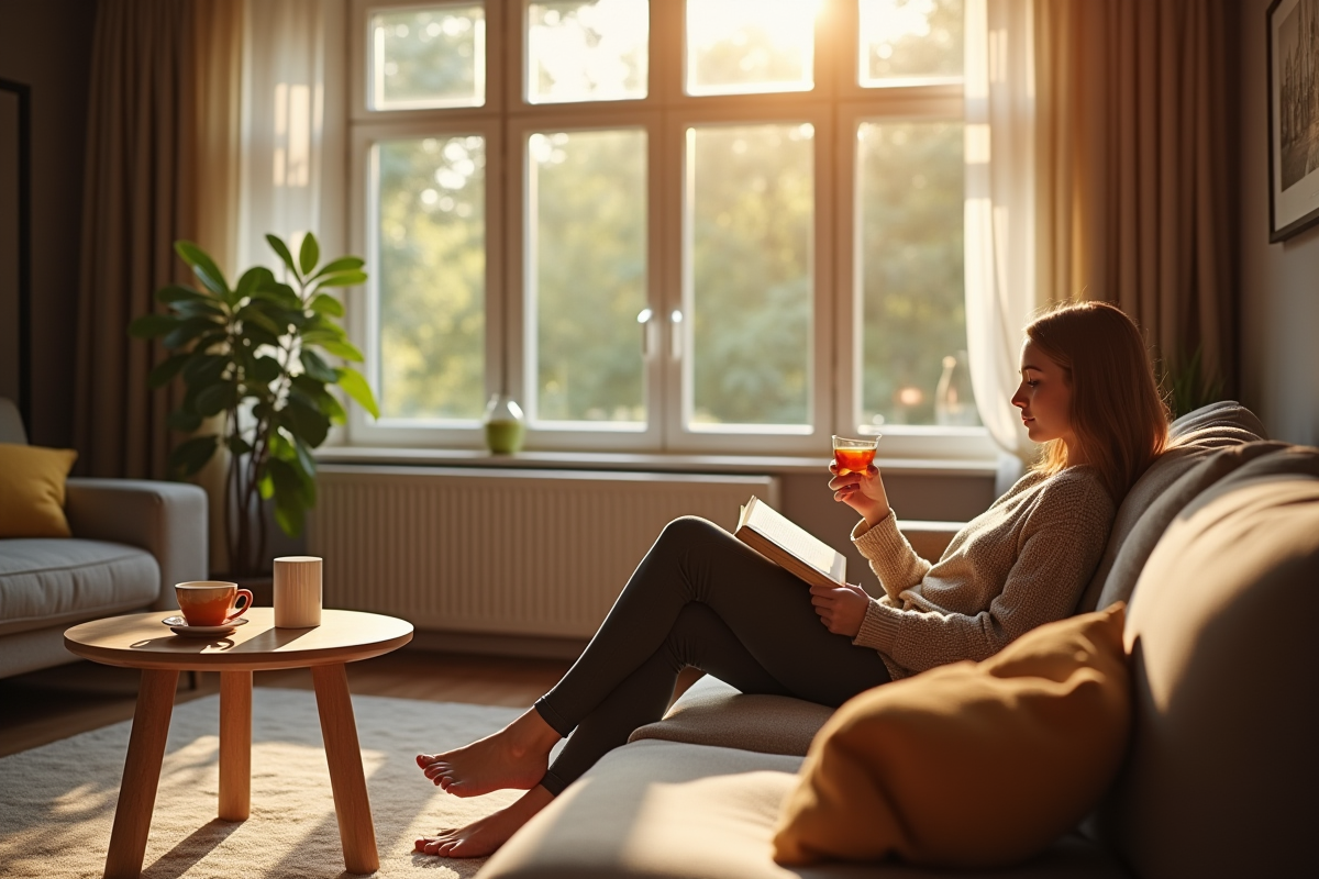 Salon moderne cosy avec personne lisant et buvant du thé
