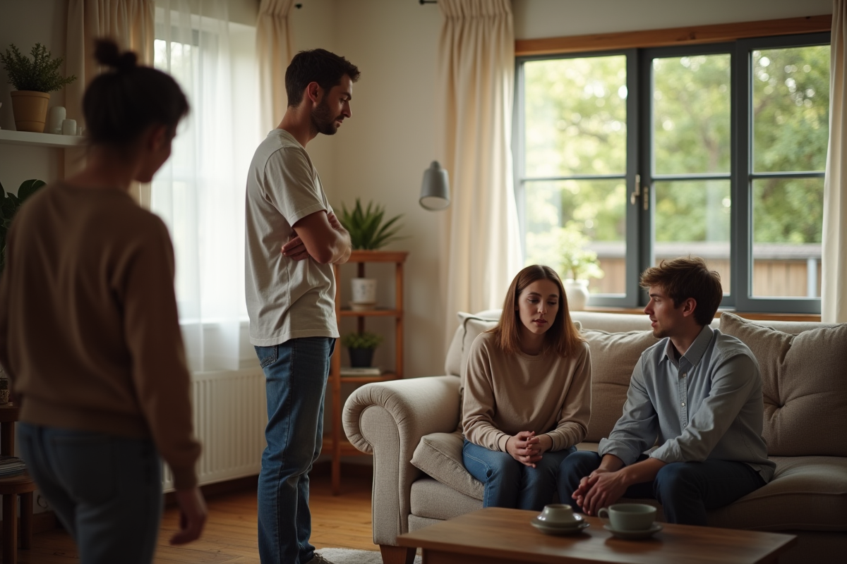 Trois frères et sœurs dans un salon en conflit silencieux lumière naturelle
