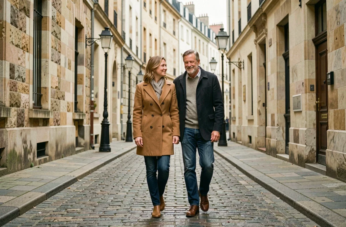 Couple marchant discrètement dans une rue pavée européenne, symbolisant le choix de vie privée assumé de Samantha de Bendern et son conjoint