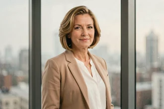 Portrait élégant d'une femme assumant sa discrétion publique, illustrant le choix d'intimité du couple de Samantha de Bendern