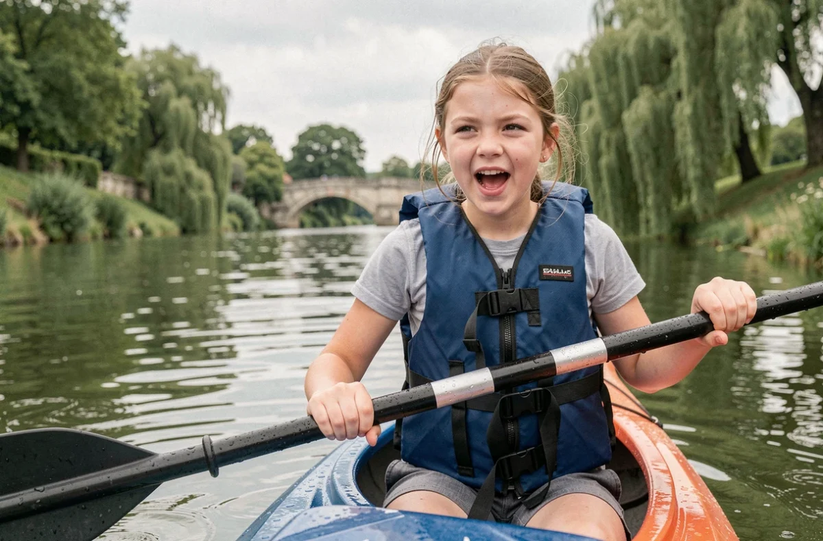 Adolescente en gilet de sauvetage faisant du kayak sur la Loire lors d'une colonie de vacances dans les Pays de la Loire