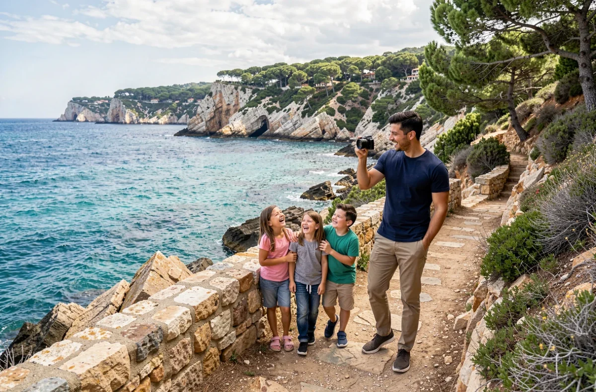 Photographe Serano Jérémy guidant une famille sur un sentier côtier rocheux près de Marseille