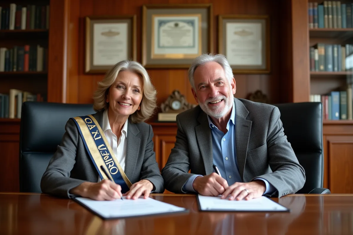 Couple signant des documents officiels dans la mairie