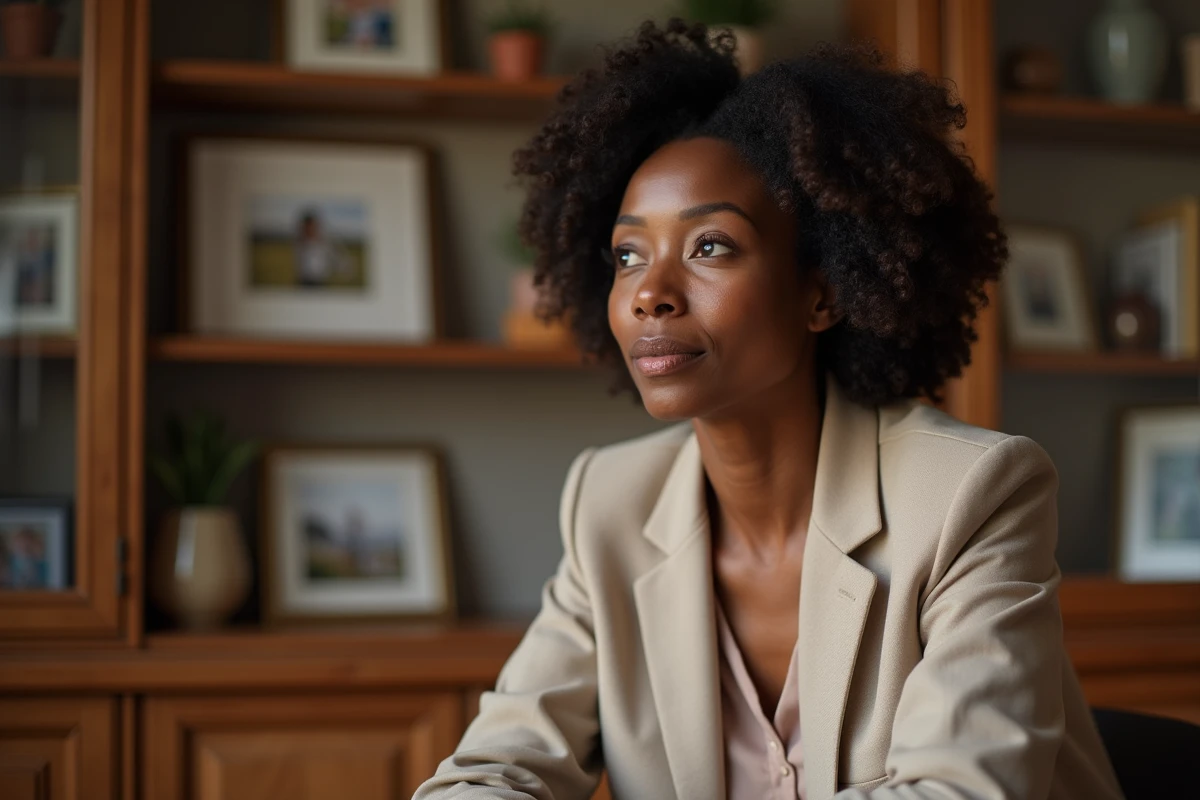 Femme adulte posant dans un salon familial chaleureux, évoquant les membres de la famille Turner
