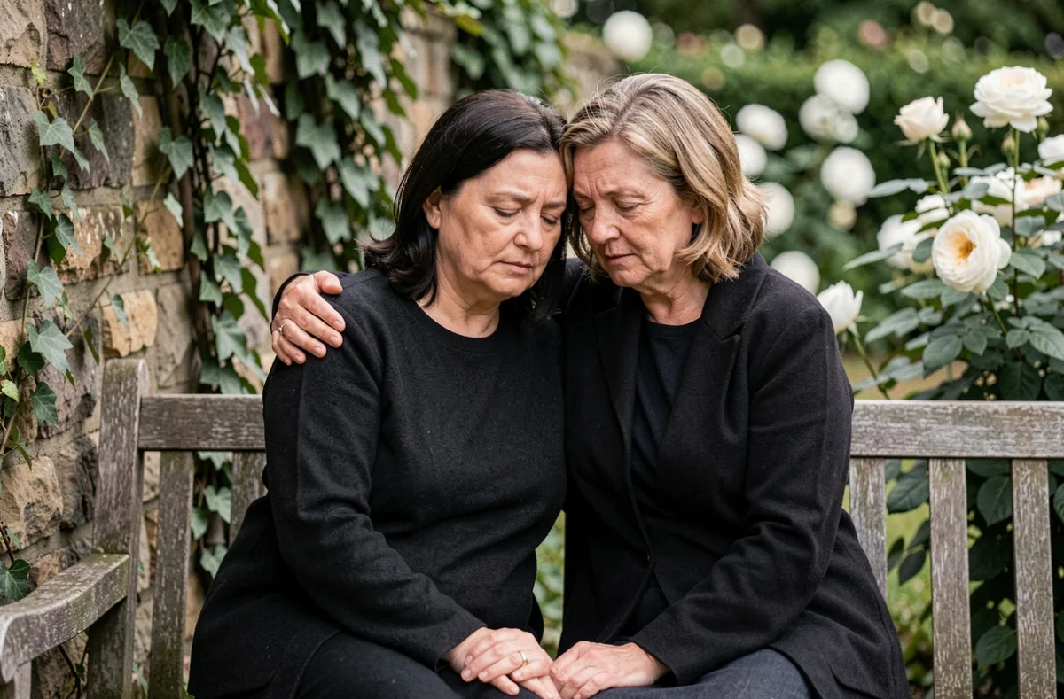 Deux femmes en deuil se soutenant mutuellement dans un jardin fleuri, partageant un moment d'hommage et de souvenir pour une tante disparue