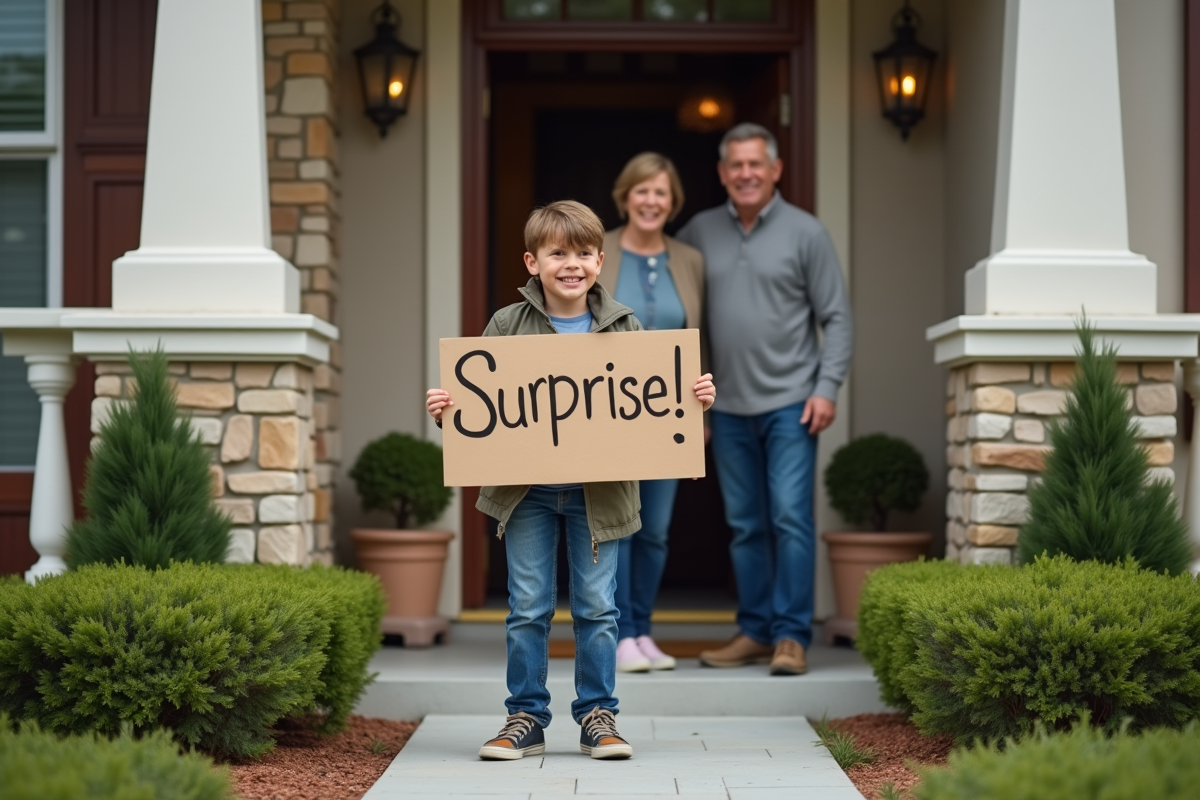 Jeune garçon avec panneau surprise devant la maison en extérieur