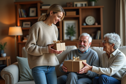 Femme souriante offrant un cadeau surprise à ses parents dans un salon chaleureux