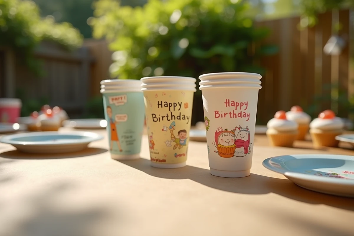 Table d'anniversaire extérieure avec gobelets personnalisés en petite quantité, cupcakes et décoration en papier kraft