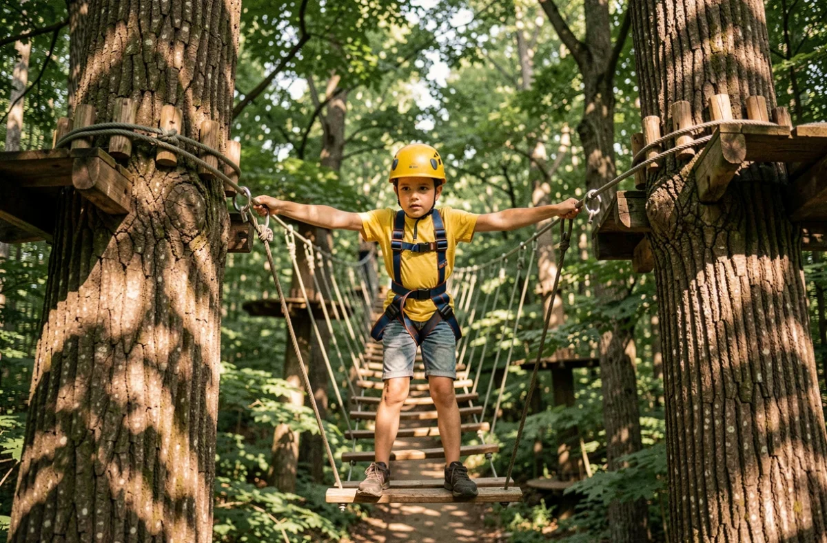 Un enfant équipé d'un harnais traversant un pont de cordes dans les arbres à Tépacap