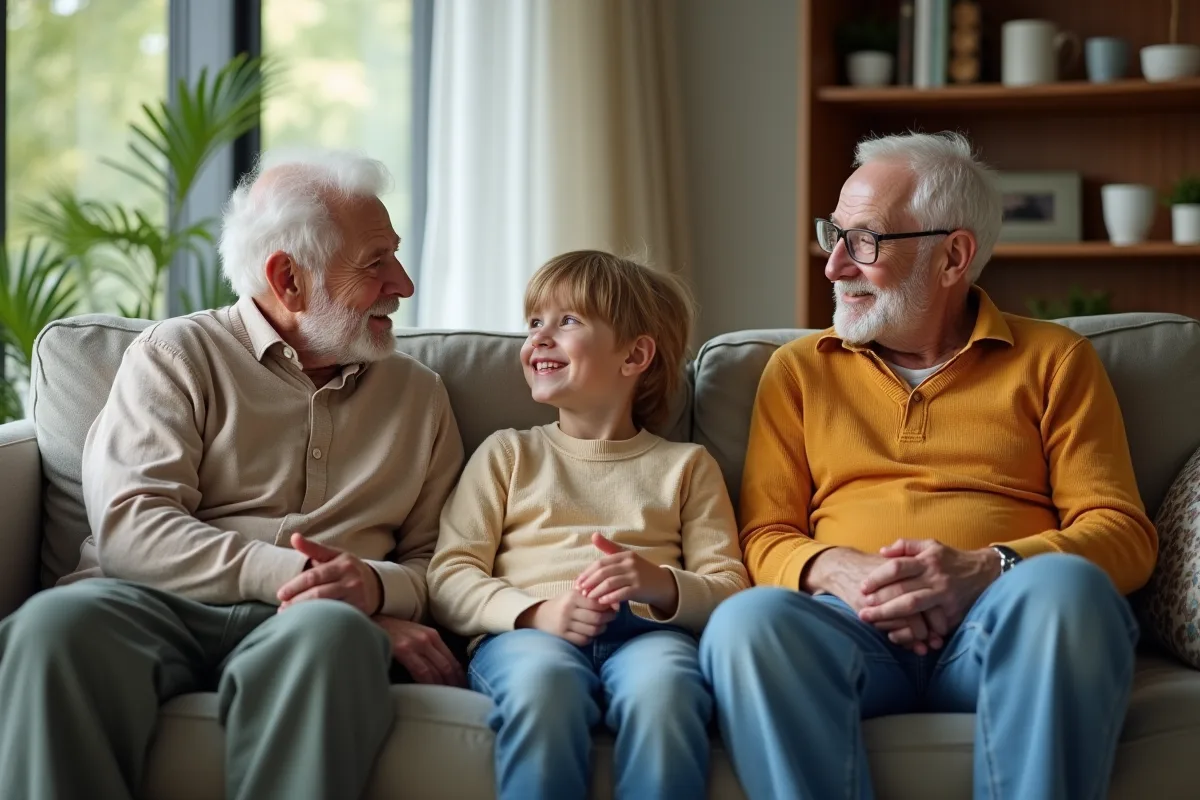 Trois générations discutant confortablement dans le salon