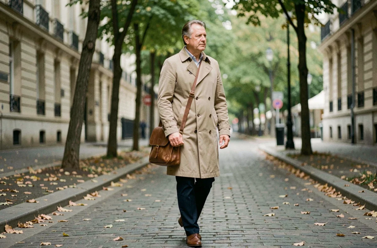 Un homme élégant marchant seul sur un boulevard parisien, évoquant la discrétion de la vie privée d'une personnalité publique