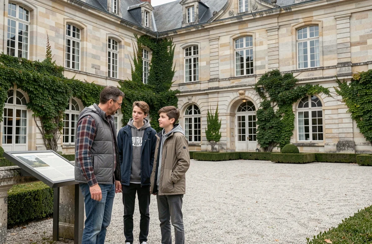 Père et adolescents visitant un château historique en Seine-et-Marne