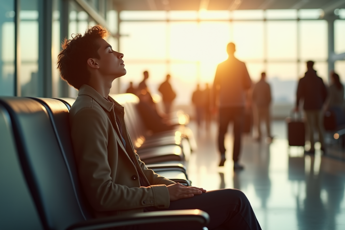 Jeune voyageur assis paisiblement dans un aéroport ensoleille