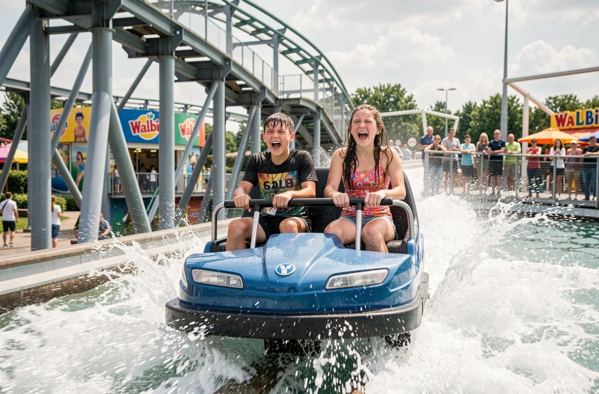 Deux adolescents trempés et excités sur un toboggan aquatique à Walibi dans l'Oise