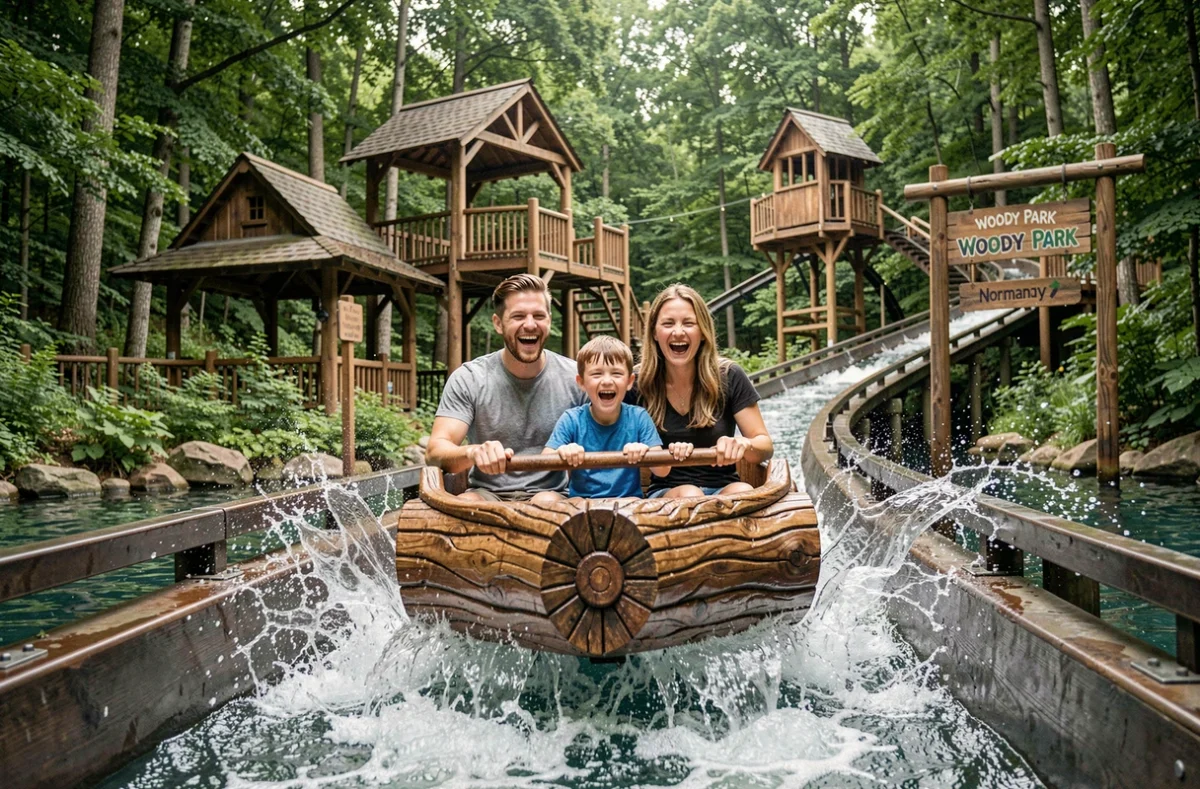 Famille en train de descendre un toboggan aquatique en tronc à Woody Park en Normandie